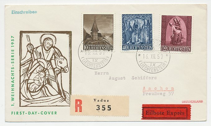 Registered cover / Postmark Liechtenstein 1957 Christmas - Madonna and Child - C