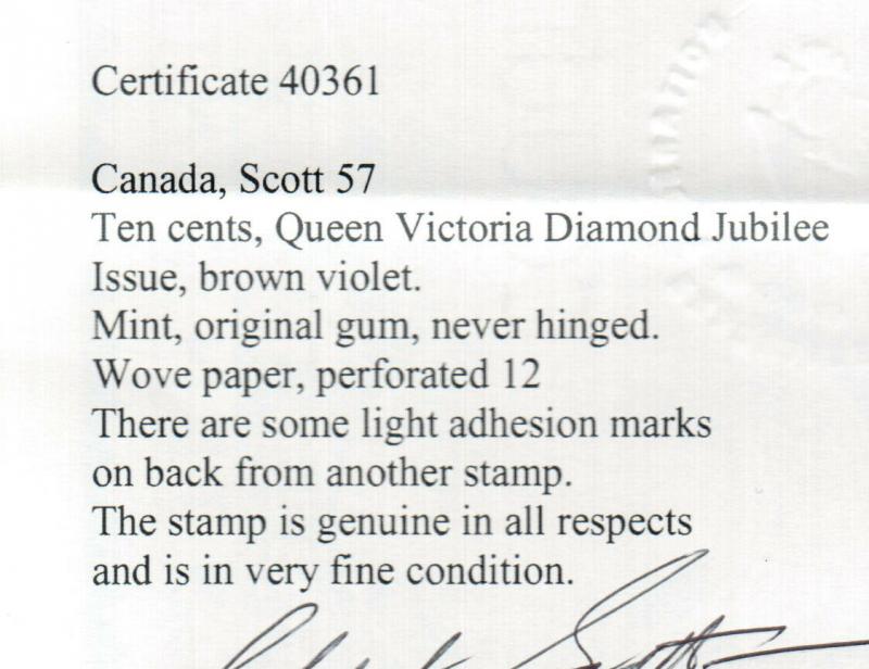 Canada #57 Extra Fine Never Hinged Trifle Offset From Stamp **With Certificate**