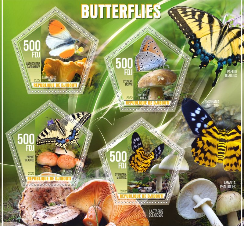 Stamps.Fauna, Butterflies Djibouti 2022 year 1+1 sheets perforated