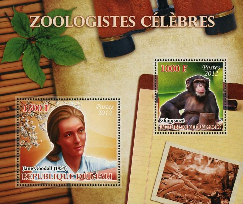 Mali Famous Zoologists Jane  Goodall Animals Sov. Sheet of 2 Stamps Mint NH