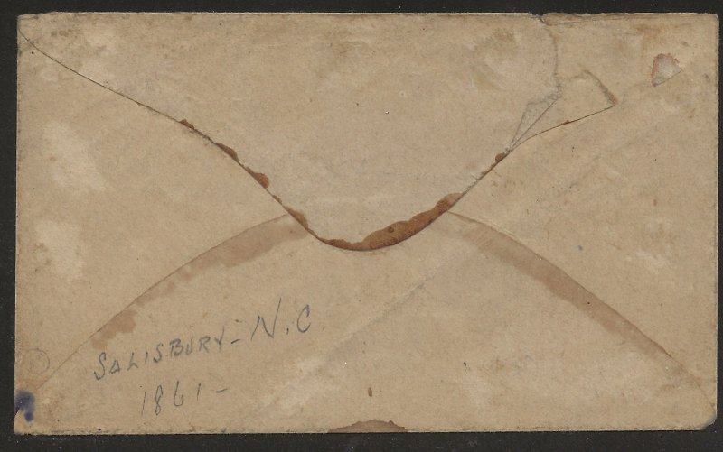 Confederate States Salisbury NC 1861 PAID Stampless cover WC Jones Augusta GA