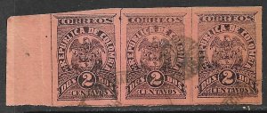 COLOMBIA 1902 2c Black on Rose ARMS Issue Marginal Strip of 3 Sc 266 Used