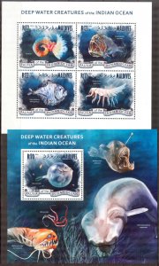 Maldive Islands 2014 Marine Life Deep Water Creatures Fishes Sheet + S/S MNH