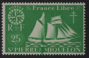 St Pierre et Miquelon 1942 MNH Sc 302 25c Fishing schooner Variety (1)