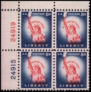 US #1041 LIBERTY MNH UL PLATE BLOCK #24915-24919, EFO, RED COLOR SHIFT