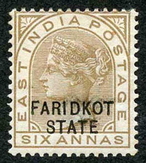 ICS FARIDKOT SGO11var 1887-98 6a bistre-brown shadow doubling of IDKOT and TE pa