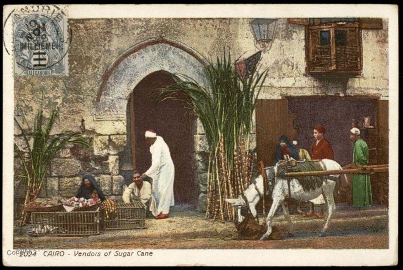 Egyptian PPC French Levant 1 Milleme Alexandria OP Stamp Sugar Cane Vendor 81224