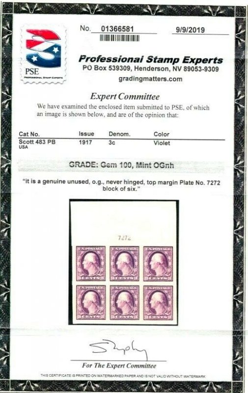 US SCOTT #483 Top Margin Plate Block/6, Mint-GEM-OG-NH PSE Grade 100 (DK 8/5/20)