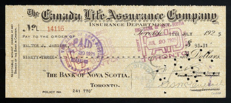C18 Canada Life Assurance Co. bank draft, 1925 revenue stamp Van Dam #FX39