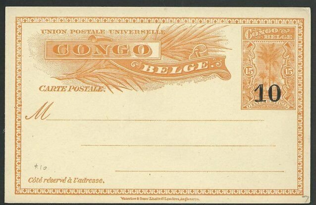 BELGIAN CONGO 10 on 15c postcard - fine unused.............................51222