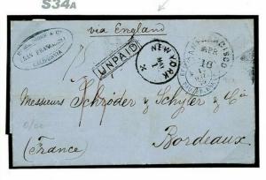 USA WILD WEST MAIL California San Francisco Cover 1875 Transatlantic France S34a