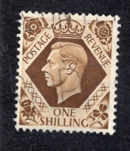 Great Britain 1939 1sh brown George VI, Scott 248 used, value = 70c