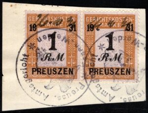 1931 Germany Prussia Revenue 1 Reischmark Court Fees Pair w/Official Cancel