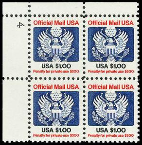 U.S. B.O.B. PLATE BLOCKS O132  Mint (ID # 30596)