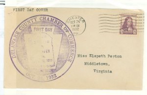 US 724 1932 3c William Penn single on violet Delaware County Chamber of Commerce, Cacheted FDC