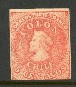 Chile 1865 Columbus 5¢ Rose Red Imperf Santiago Print Scott # 14 Mint K832
