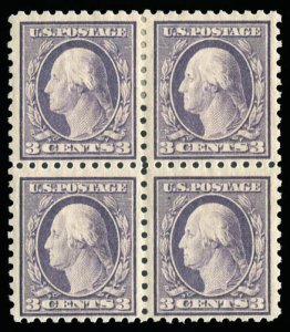 United States, 1910-30 #426 Cat$85+, 1913 3c deep violet, block of four, top ...