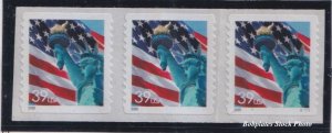 BOBPLATES #3980 Statue of Liberty Flag Coil Strip of 3 S/A VF MNH SCV=$2.4