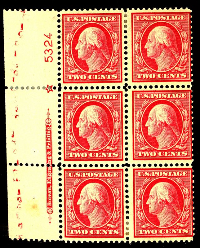 U.S. #375 MINT PL# BLOCK OF 6 OG HR PERF SEPERATIONS