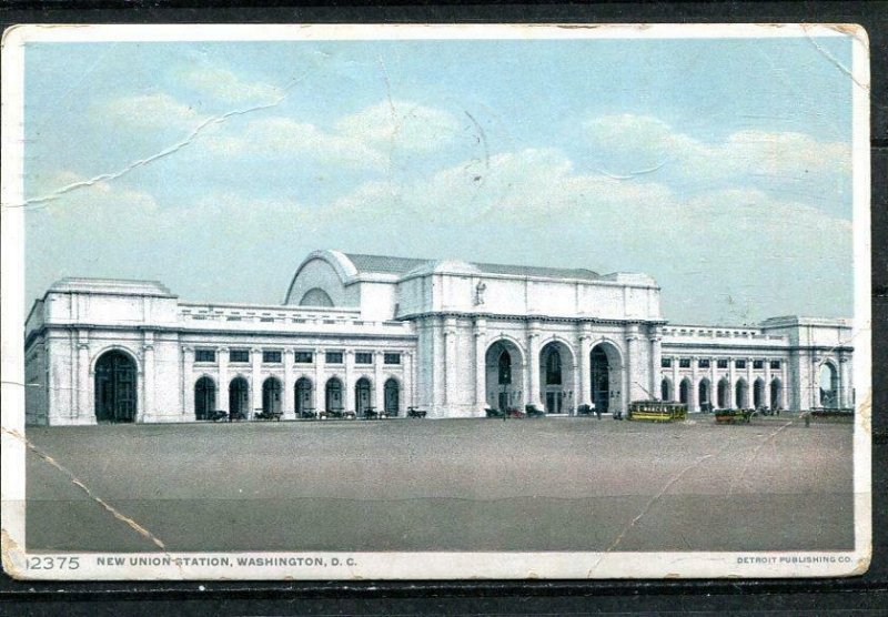 USA 1909 Color Postal Card Used Franked  1c New Union Station Washington 9906