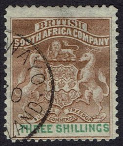 RHODESIA 1892 ARMS 3/- USED