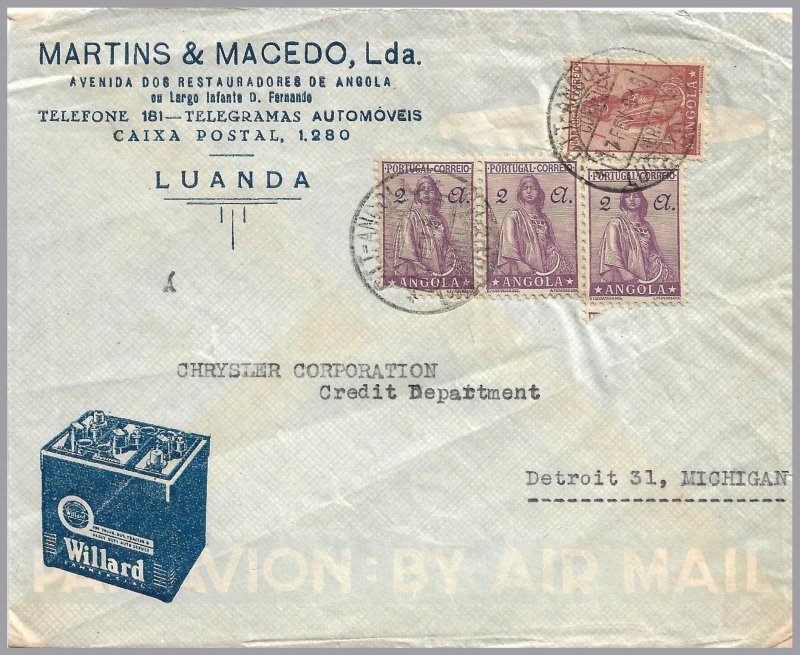 Angola (Portugal) - 1948 CERES ADVERTISING Cover - Batteries - Airmail to USA