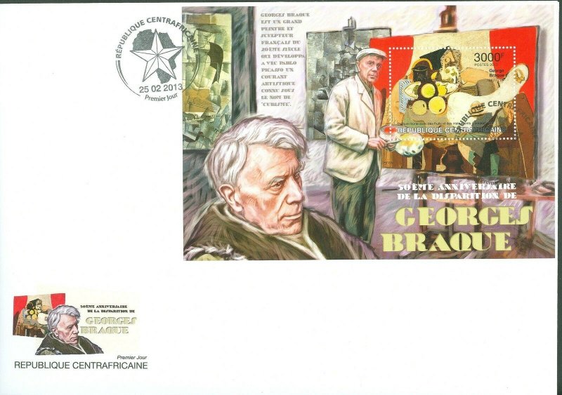 CENTRAL AFRICA 2013 50th MEMORIAL ANNIVERSARY GEORGES BRAQUE S/SHEET FDC