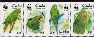 CUBA Sc# 3964a (3961-3964) WORLD WILDLIFE FUND parrots WWF STRIP of 4  1998 MNH