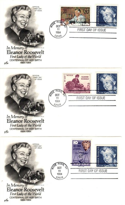 #2105 Eleanor Roosevelt Foreign Stamp combo group of6 Artcraft cachet First Day 