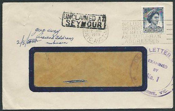 AUSTRALIA 1960 cover UNCLAIMED AT / SEYMOUR handstamp......................38872