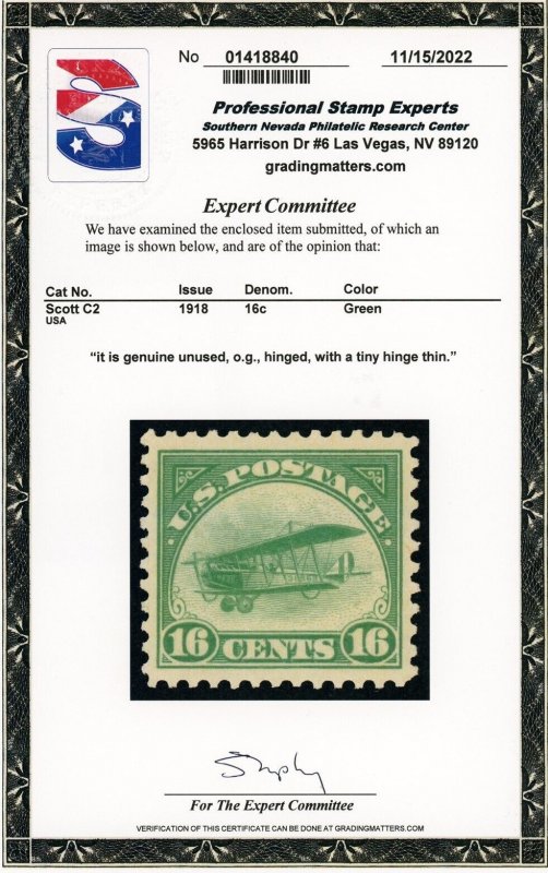 US Stamp #C2 Curtiss Jenny 16c - PSE Cert - MVLH