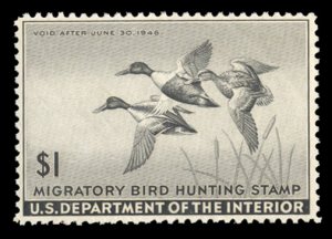 United States, Duck Hunting #RW12 Cat$100, 1945 $1 black, never hinged