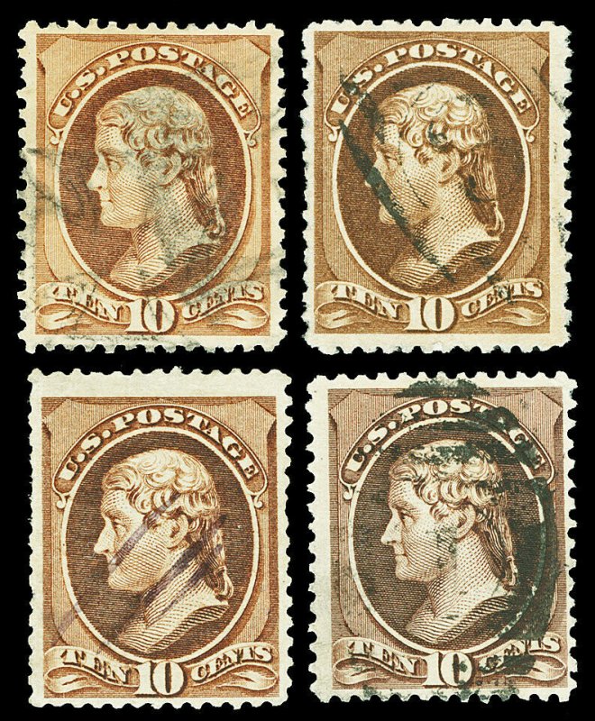 Scott 209 1882 10c Jefferson Issue Four Different Shades All Used F-VF Cat $24