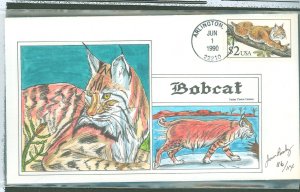 US 2482 1990 $2 bobcat single first day cover with an james paslay hand-painted cachet