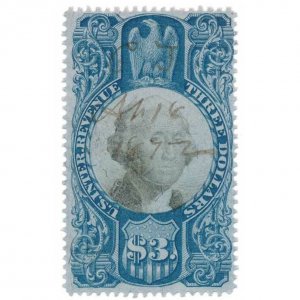 R125 $3 Second Issue, Blue & Black, George Washington, USA Revenue Stamp, 1871