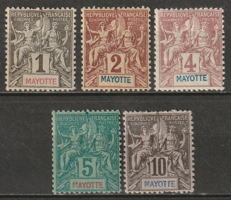 Mayotte 1892 Sc 1-5 partial set low values MH*