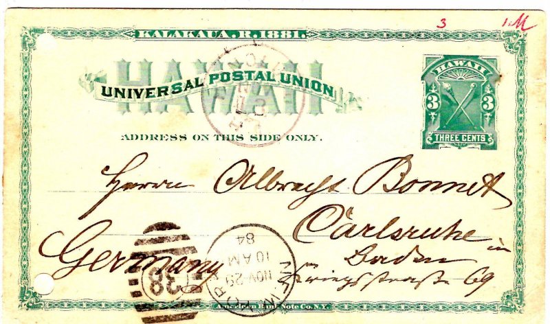 Hawaii #UX3 used entire,  Honolulu to Germany in 1894, CV $175