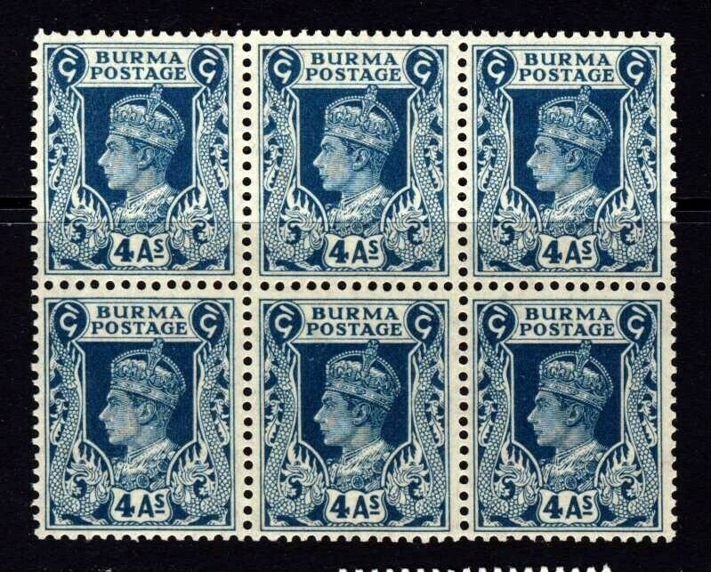 BURMA King George VI 1938 4 As. Greenish-Blue BLOCK OF Six SG 28 MNH 