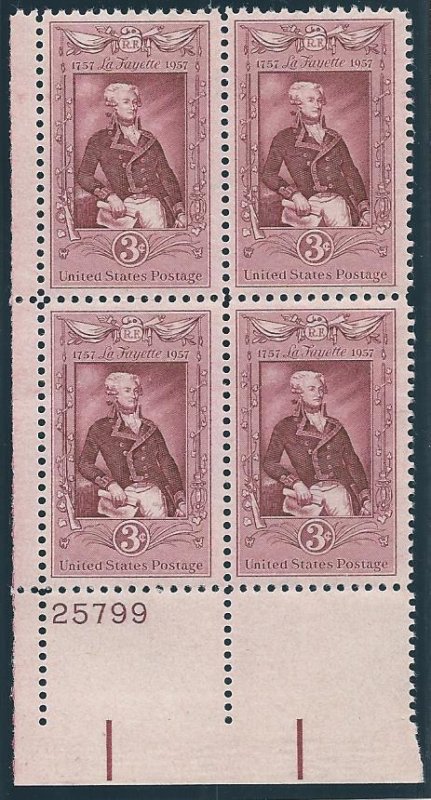 US #1097, Plate Block, Lafayette, M-NH*-