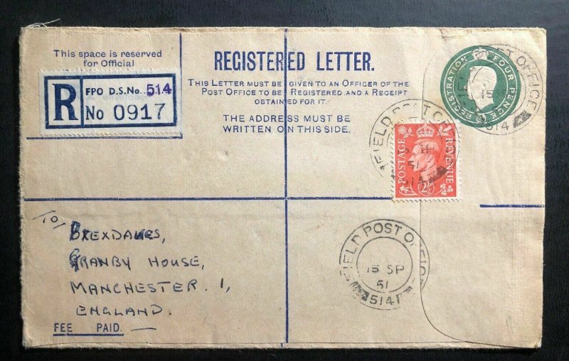 1951 Athens Greece British Army FPO 514 Registered Letter Cover To England