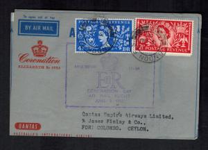 1953 England First Day Cover Queen Elizabeth II coronation QE2 Ceylon Air Letter