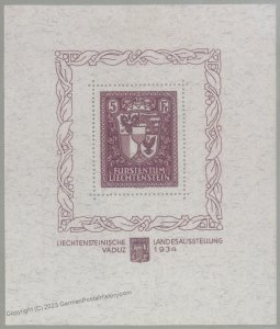 Liechtenstein 1934 Coat of Arms 5Fr Sc115 Souvenir Sheet MNH Photo Cert 112723