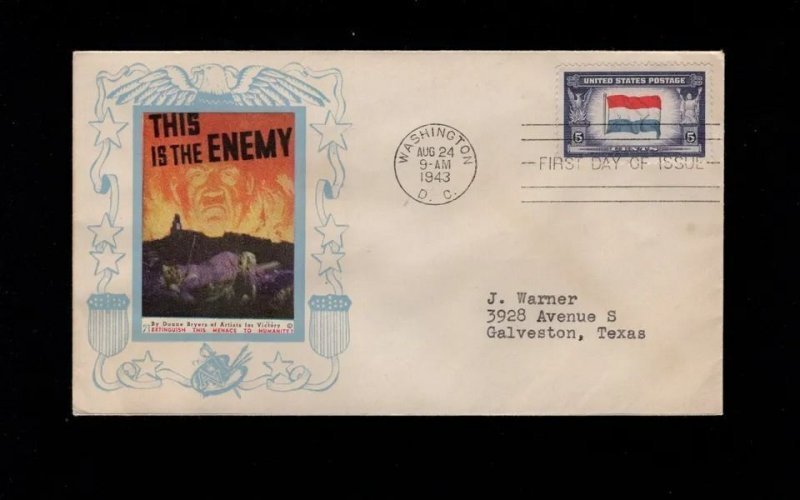 US WWII Patriotic Burn Enemy Hitler Poster Stamp FDC Washington DC 1943 Cover 4e