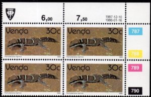 Venda - 1986 Reptiles 30c 1987.12.10 Plate Block MNH** SG 135