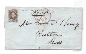 United States Scott 1 5-cent issue on folded letter cover paper to Sutton Mass.