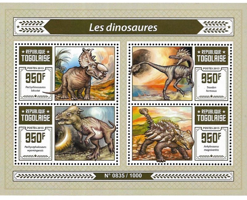 #30123 TOGO 2015 PREHISTORIC FAUNA  DINOSAURS MINISHEET  YV 4822-5 MNH