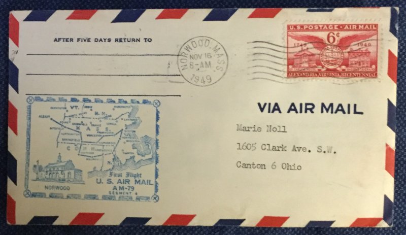 US First Flight Cover AM 79 Norwood MA to Springfield MA 11/16/1949 #C40 L19