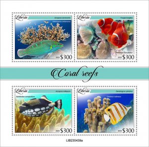 LIBERIA- 2023 - Coral Reefs - Perf 4v Sheet -Mint Never Hinged