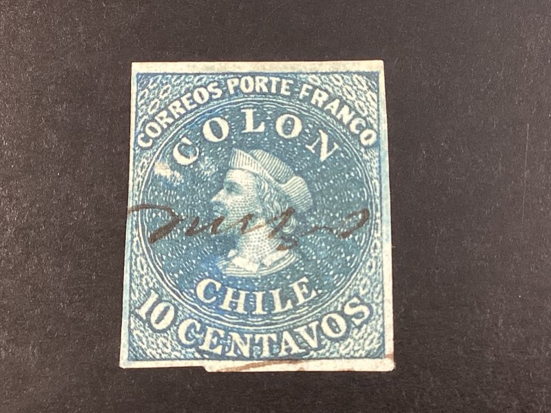 Chile #10c used 1860 10c indigo blue Christopher Columbus