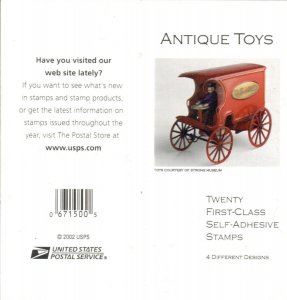 US: 2002 ANTIQUE TOYS; Convertible Booklet Sc 3629a; First Class,37 Cents Values